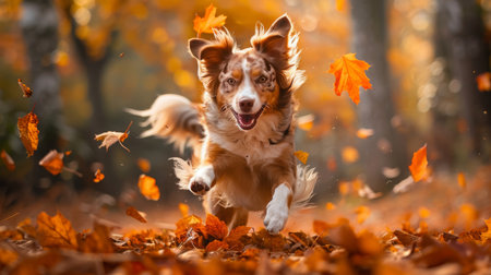 Energetic Dog Running Through Colorful Autumn Leaves in the Forestの素材
