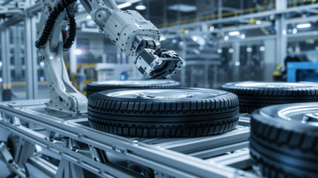 Robotic Arm Assembly Line Handling Car Tires in Factoryの素材
