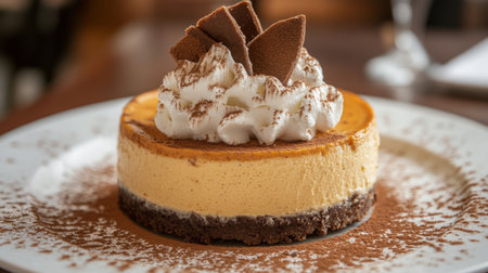 Delicious cheesecake topped with whipped cream and chocolate in a cozy restaurant settingの素材