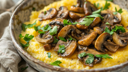 Creamy Polenta Topped With Sauteed Mushrooms and Fresh Herbsの素材
