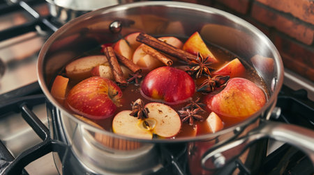 Cooking Spiced Apple Cider in a Silver Pot on a Gas Stove in Autumnの素材