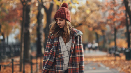 Young Woman Walking on Leaf-Covered Sidewalk in Autumn Parkの素材