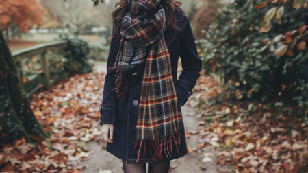 Woman in Cozy Coat and Scarf Walking Along Leafy Pathway in Autumnの素材