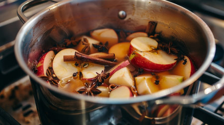 Simmering Apple Cider With Spices on a Stovetop in Cozy Kitchenの素材