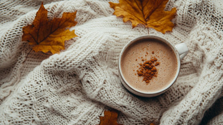 Cozy autumn setting with warm drink surrounded by colorful leaves and soft knit blanketの素材