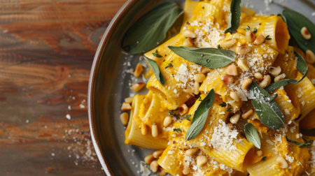 Creamy Pumpkin Pasta With Sage And Pine Nuts Served In A Rustic Bowlの素材