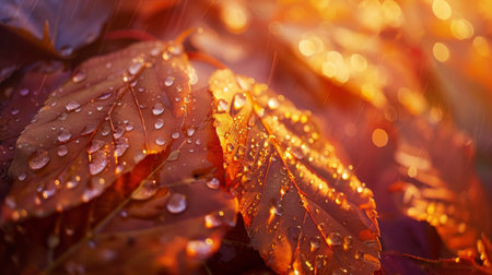 Close-Up of Raindrops on Autumn Leaves Glimmering in the Golden Light of Late Afternoonの素材