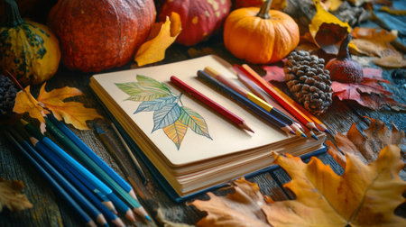 Autumn leaves coloring on a wooden table with pumpkins and foliage in the backgroundの素材