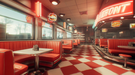 Classic diner interior with red booths and checkered flooring during daytimeの素材