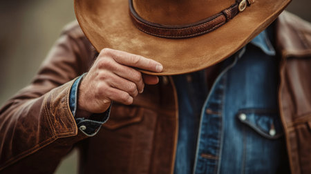 Cowboy tipping his hat in a rustic setting during golden hourの素材