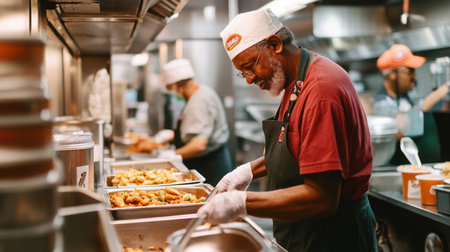 Community kitchen volunteers preparing meals in a bustling setting during the afternoonの素材