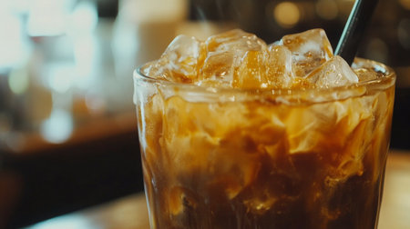 Iced coffee with ice cubes served in a glass at a cafe during the afternoonの素材