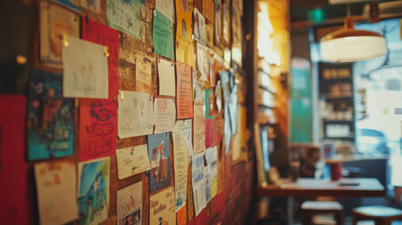 Colorful notes and artwork decorate a cozy cafe wall during the afternoonの素材