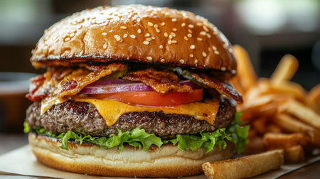 Juicy cheeseburger with bacon, lettuce, and tomato served with crispy friesの素材