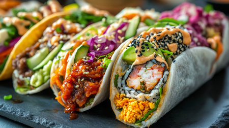 Sushi tacos featuring fresh ingredients and vibrant colors on a slate platterの素材