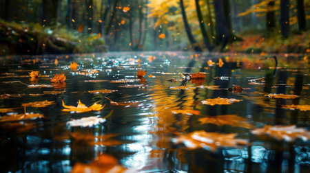 Autumn Leaves Floating on Calm Water in Serene Forestの素材
