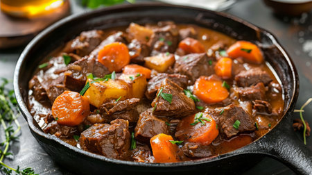 Hearty Beef Stew With Carrots and Potatoes in Cast Iron Skilletの素材