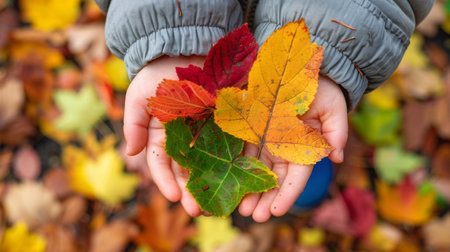 Hands Holding Colorful Autumn Leaves in a Park During Fallの素材