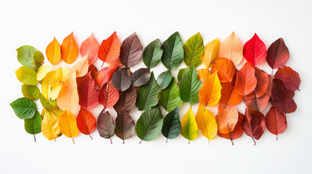 Colorful autumn leaves arranged in a gradient pattern on a white backgroundの素材