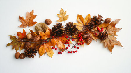 Autumn foliage and pinecones arranged creatively on a white backgroundの素材