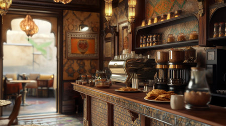 Cozy cafe interior with ornate decor and freshly baked pastries in the afternoonの素材