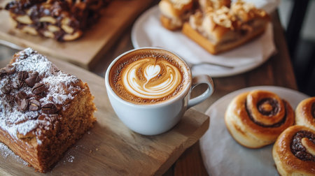 Delicious coffee with pastry assortment at a cozy cafe in the morning lightの素材