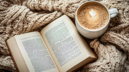 Cozy reading corner with coffee and open book on soft knitted blanketの素材