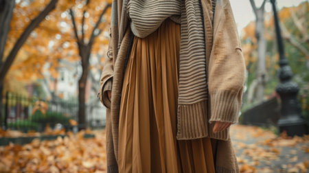 Autumn Fashion Walk in a Park With Golden Leaves in the Backgroundの素材