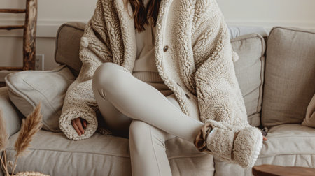 Cozy Indoor Setting With Woman in Textured Outerwear and Loungewear Sitting on a Sofaの素材