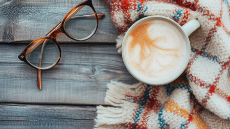 Cozy morning coffee with glasses on a warm scarf during autumnの素材