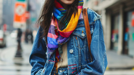 Stylish Woman in Denim Jacket and Colorful Scarf Walking in Urban Settingの素材