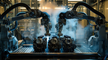 Industrial Robots Assembling Engine Parts in Factoryの素材