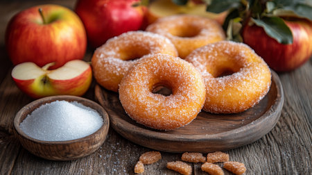 Freshly made sugar-coated donuts with apples on a rustic wooden table in autumnの素材