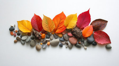 Colorful autumn leaves and pebbles arranged on a white surfaceの素材