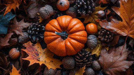 Autumn harvest with a vibrant pumpkin and colorful leaves on the forest floorの素材