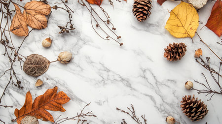 Autumn leaves and pine cones on a marble surface in a cozy arrangementの素材