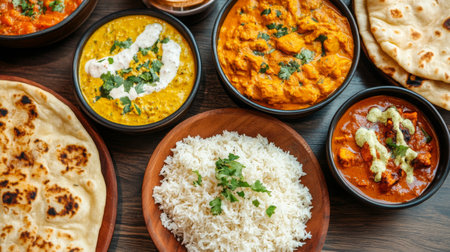 Traditional Indian meal featuring rice, various curries, and naan during a dinner settingの素材