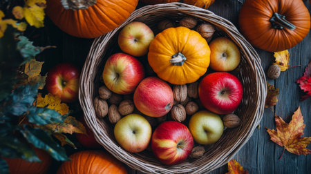 Colorful autumn harvest with apples, pumpkins, nuts, and leaves in a decorative basketの素材