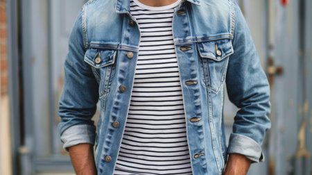 Young Man Wearing Denim Jacket and Striped Shirt Against Urban Backgroundの素材