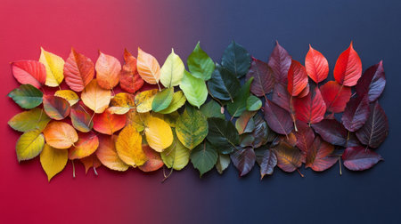 Colorful arrangement of autumn leaves on a gradient background in natureの素材