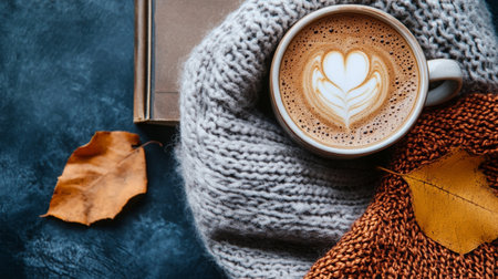 Cozy autumn scene with a latte and leaves on a knitted blanket and a bookの素材