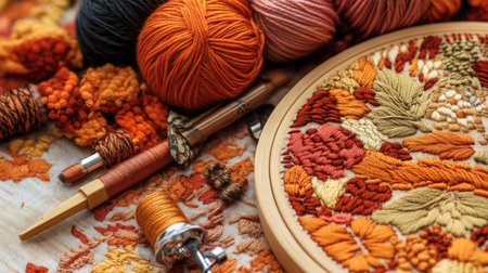 Handcrafted embroidery supplies arranged with colorful yarn and intricate patternsの素材