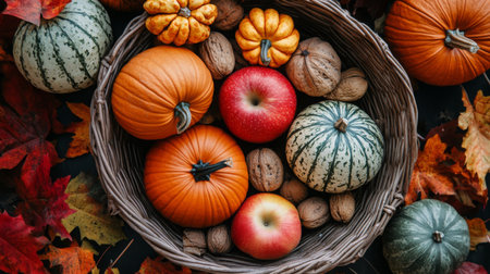 Autumn harvest basket with pumpkins, apples, and walnuts among colorful leavesの素材