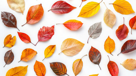 Autumn leaves in vibrant colors scattered on a light backgroundの素材
