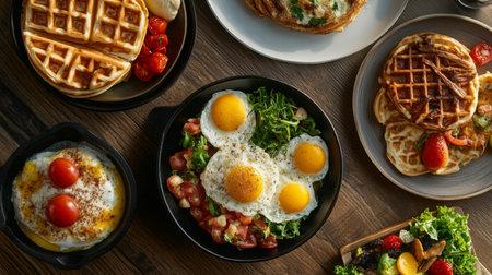 Breakfast spread with eggs, greens, waffles, and fresh fruit on a wooden tableの素材