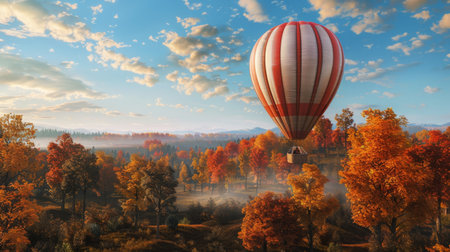 Hot Air Balloon Floating Over Colorful Autumn Forest at Duskの素材