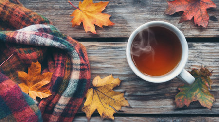 Cozy autumn scene with hot tea, colorful leaves, and a warm blanket on wooden tableの素材