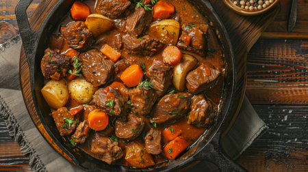Hearty Beef Stew With Vegetables in Cast Iron Skillet on Wooden Tableの素材