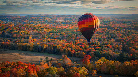 Hot Air Balloon Over Colorful Autumn Forest at Sunsetの素材