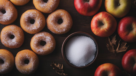 Freshly baked donuts and assorted apples arranged on a wooden surface with sugar bowlの素材